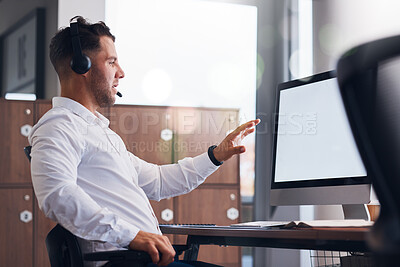 Buy stock photo Man, call center and consulting on computer mockup for telemarketing, advertising or customer support at office. Male consultant explaining digital marketing or web service in desktop communication