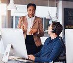 Training, help and manager with a call center employee for advice on online telemarketing support. Planning, conversation and black woman speaking to a customer service agent about consulting service