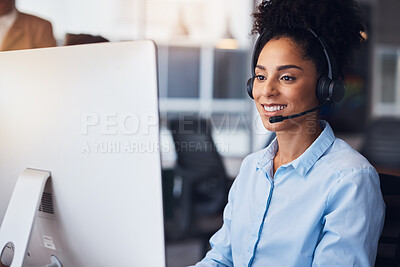 Buy stock photo Call center, customer service and computer with a black woman consultant working in her communication office. Contact us, telemarketing and consulting with a female employee at work using a headset