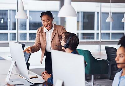 Buy stock photo Training, laughing and manager with a call center employee for advice on telemarketing support. Planning, conversation and black woman speaking to a customer service agent about consulting service