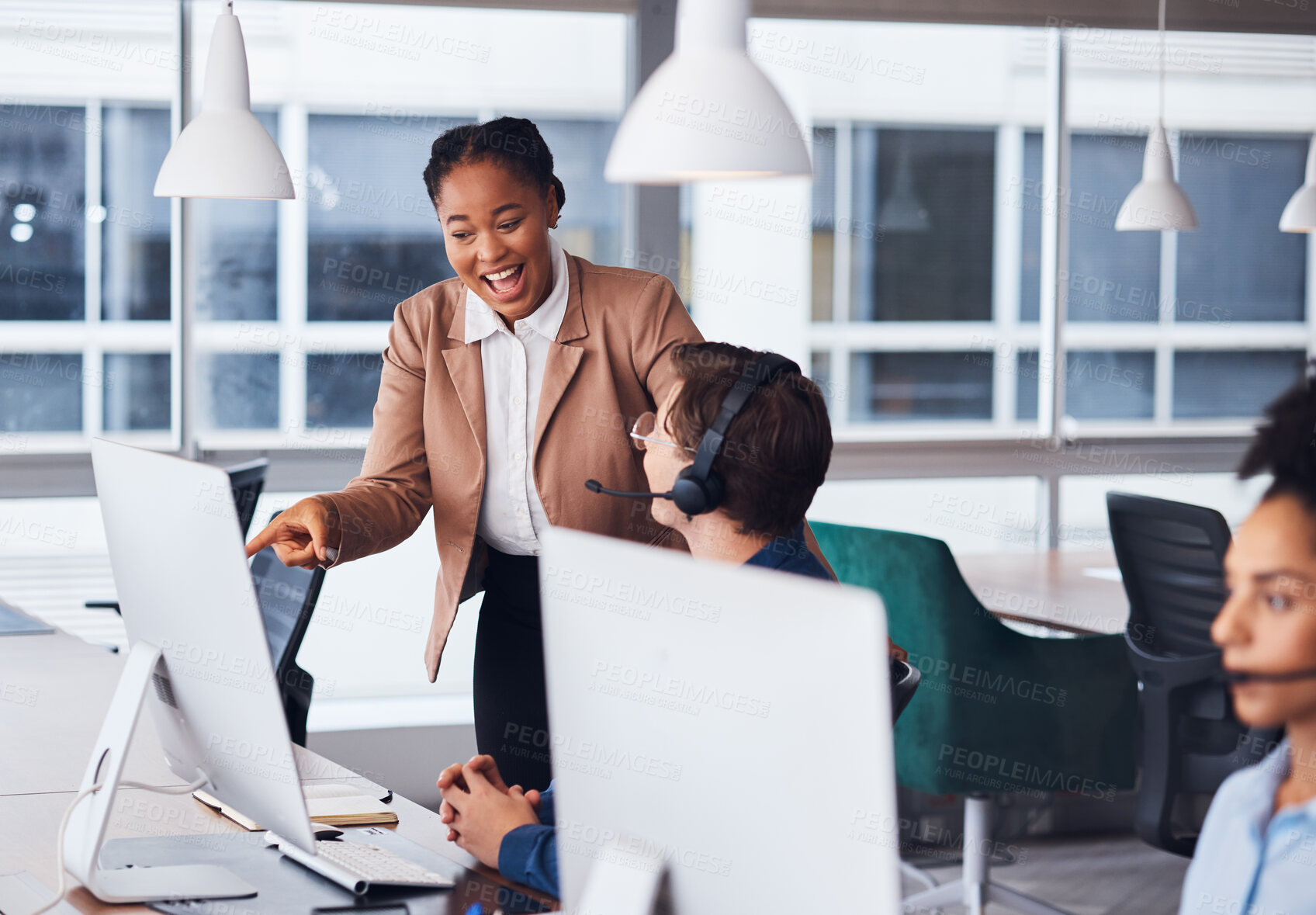 Buy stock photo Training, laughing and manager with a call center employee for advice on telemarketing support. Planning, conversation and black woman speaking to a customer service agent about consulting service