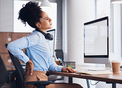 Buy stock photo Back pain, call center and business black woman with injury, muscle ache and spine problem at desk. Customer support, telemarketing and tired female worker massage body for strain, tension and stress