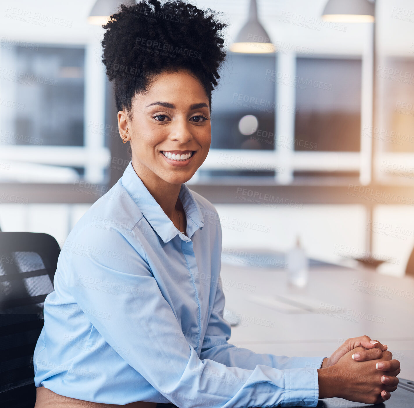 Buy stock photo Black woman, business face and portrait in office with pride for career or job as leader. Young entrepreneur person happy about growth, development and mindset to grow corporate company at desk