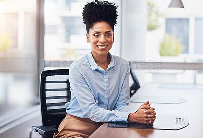 Buy stock photo Black woman, business and smile portrait at desk in office with pride for career or job as leader. Young entrepreneur person happy about growth, development and mindset to grow corporate company 