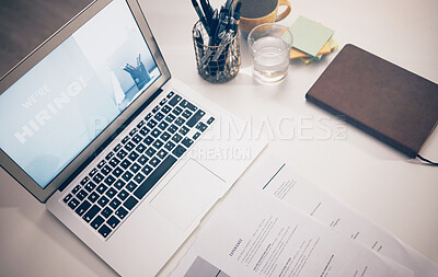 Buy stock photo Hiring, job advertising with laptop, marketing and opportunity, recruitment and human resources. Poster, call for new staff and business, resume on desk and onboarding, hr and communication top view