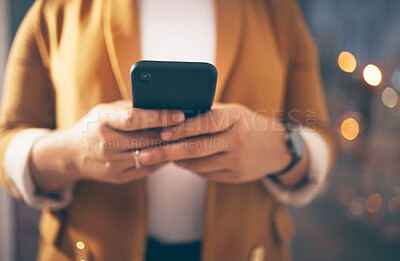 Buy stock photo Social media, business and hands typing on a phone for communication, internet and app. Contact, working and employee with a mobile for email, online conversation and replying to a message at work