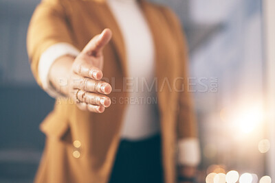 Buy stock photo Business woman stretching her hand for a shaking hands for greeting, welcome or partnership in office. Company, corporate and female employee with handshake gesture for agreement in modern workplace.