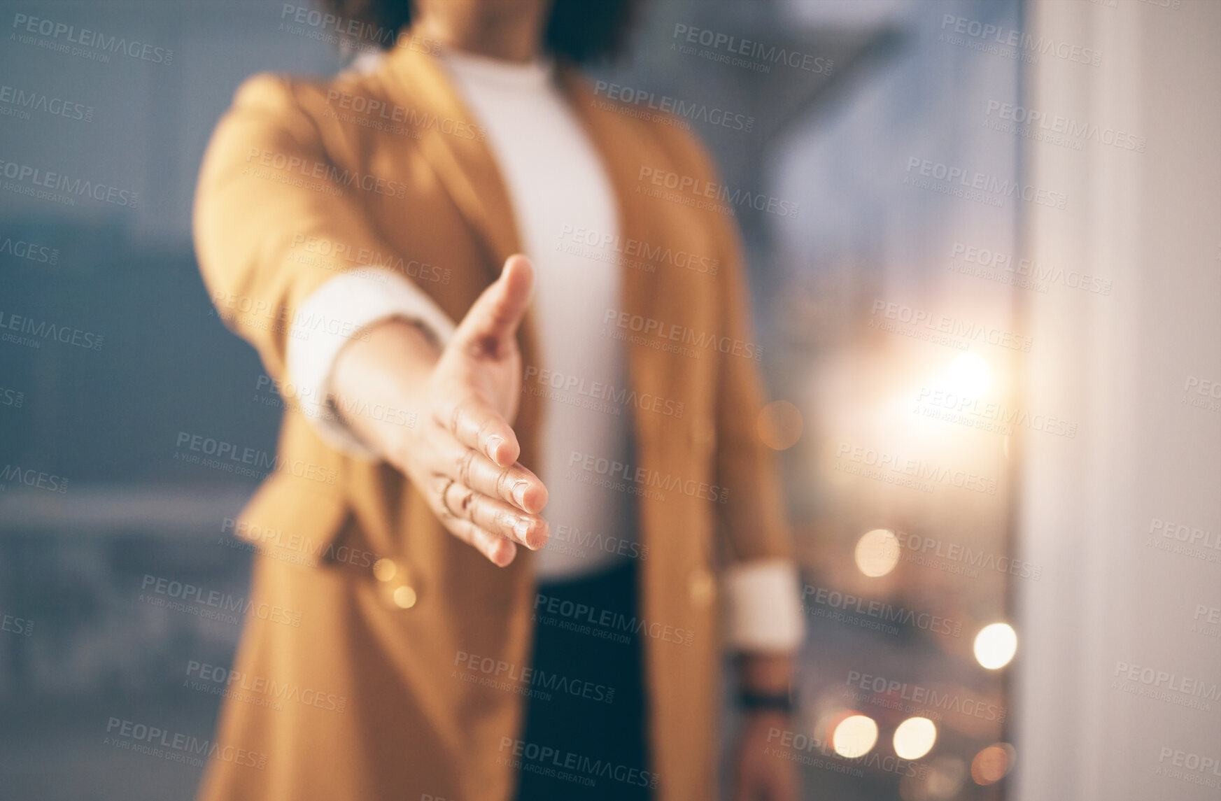 Buy stock photo Business woman stretching her hand for a handshake for greeting, welcome or partnership in office. Company, corporate and female employee with shaking hands gesture for agreement in modern workplace.