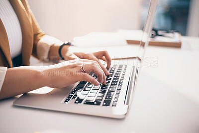 Buy stock photo Hands typing, laptop and office with black woman, schedule and planning for strategy, goals and mission. Corporate human resources manager, computer and online for networking, recruitment and contact