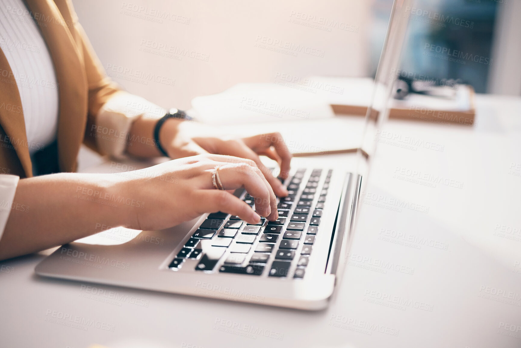 Buy stock photo Hands typing, laptop and office with black woman, schedule and planning for strategy, goals and mission. Corporate human resources manager, computer and online for networking, recruitment and contact