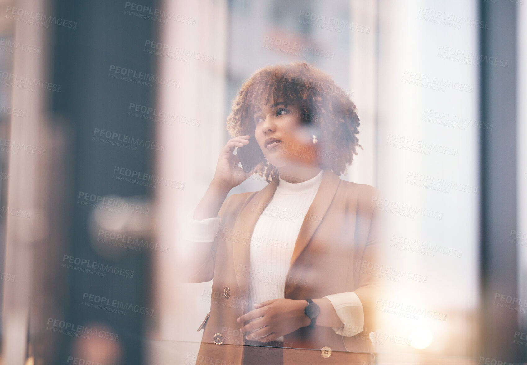 Buy stock photo Window, phone call and black woman with conversation, serious or business owner with concern. Glass, African American female leader or manager with smartphone, communication or connection with stress