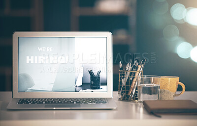 Buy stock photo Hiring ad, recruitment with laptop, marketing and opportunity, job advertising and human resources. Poster, call for new staff and business with pc on desk and onboarding, hr and communication