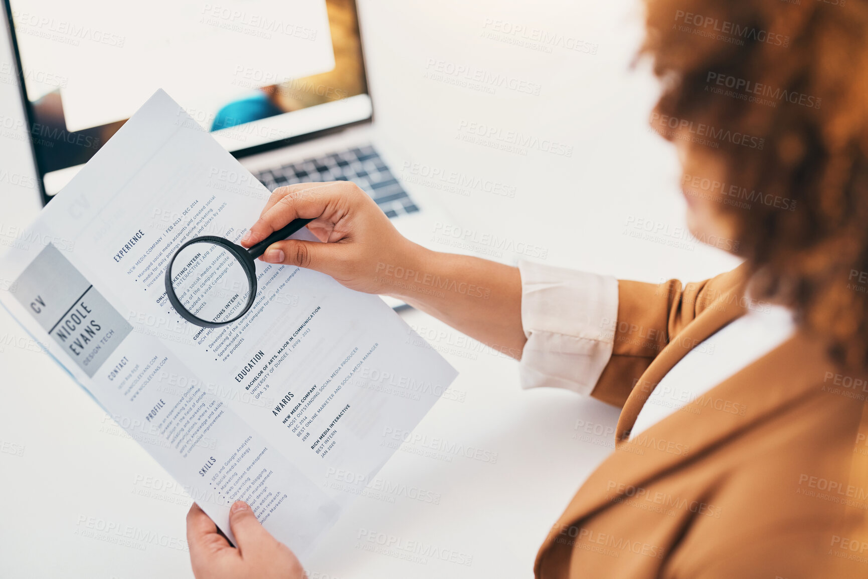 Buy stock photo Hands, cv paper and magnifying glass at hr office with black woman, recruitment or focus at desk. Human resources, documents or zoom for hiring, opportunity or job for future employee with inspection