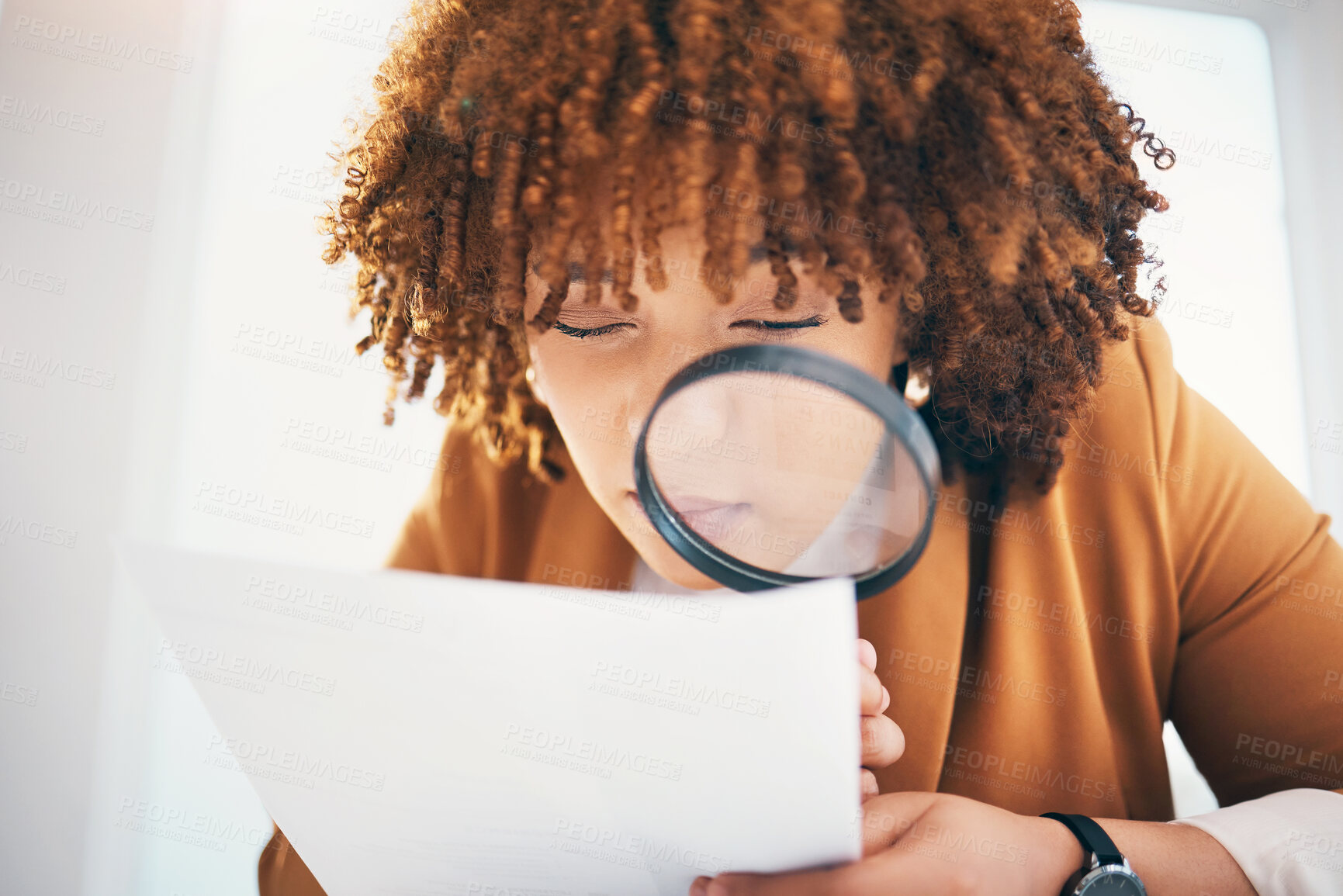 Buy stock photo Black woman, magnifying glass and office for inspection with documents, hr recruitment and focus. Human resources expert, manager and paper research for hiring, opportunity or job for future employee