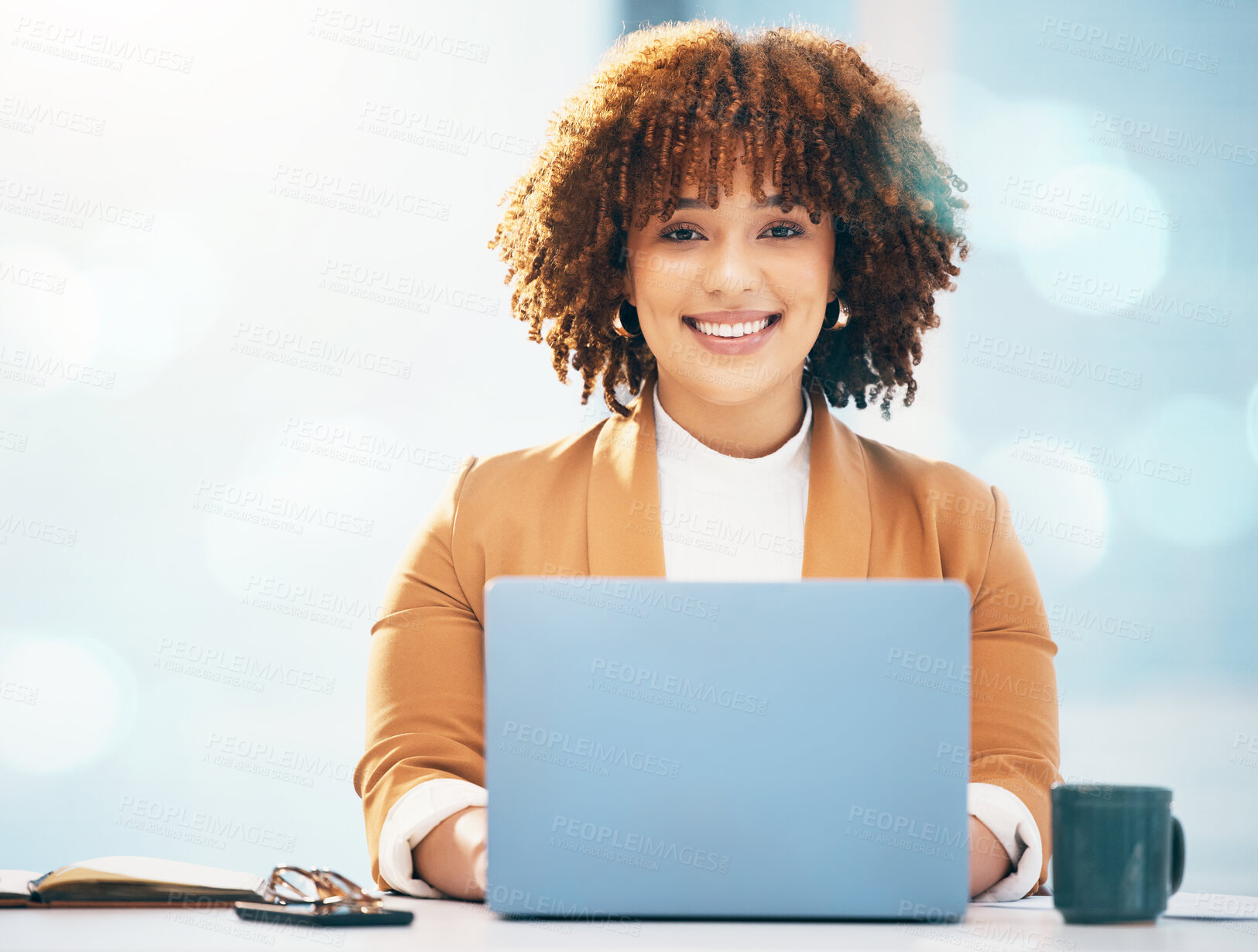 Buy stock photo Happy, laptop and portrait of black woman in office for research, email and networking. Internet, technology and corporate with employee working at desk for online, information and confident 