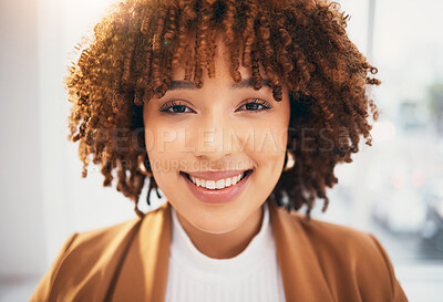 Buy stock photo Portrait, business and black woman with smile, success and confident girl, leadership and skills. Face, African American female employee and manager with happiness, corporate career and entrepreneur