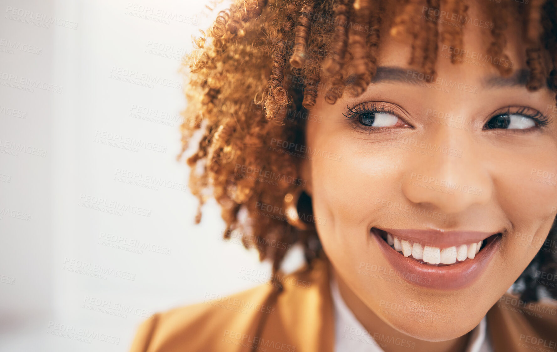 Buy stock photo Corporate black woman, headshot and smile with beauty, vision or ideas for small business with happiness. Young executive, entrepreneur and gen z leader with thinking, happy or excited face at pr job