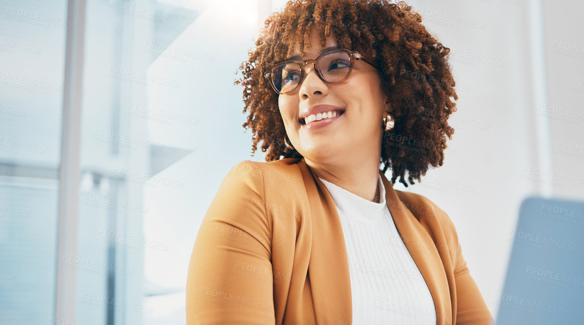 Buy stock photo Black woman at office, glasses on face with happy smile and thinking of future of corporate in South Africa. Young African person with spectacles at work, confident in career and professional job