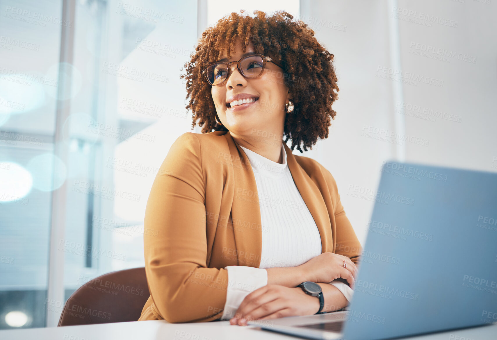 Buy stock photo African woman at office, glasses on face with laptop and thinking of future of corporate in South Africa. Happy black business person with spectacles at work, confident in career and professional job