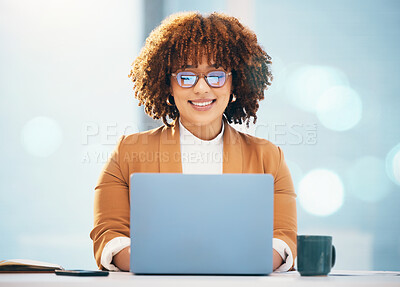 Buy stock photo Business, black woman and laptop with glasses reading or typing email online in office. Entrepreneur person smile at desk with technology and bokeh mockup space for career research and data analysis