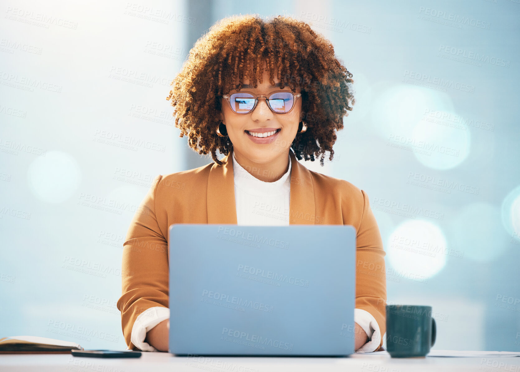 Buy stock photo Business, black woman and laptop with glasses reading or typing email online in office. Entrepreneur person smile at desk with technology and bokeh mockup space for career research and data analysis