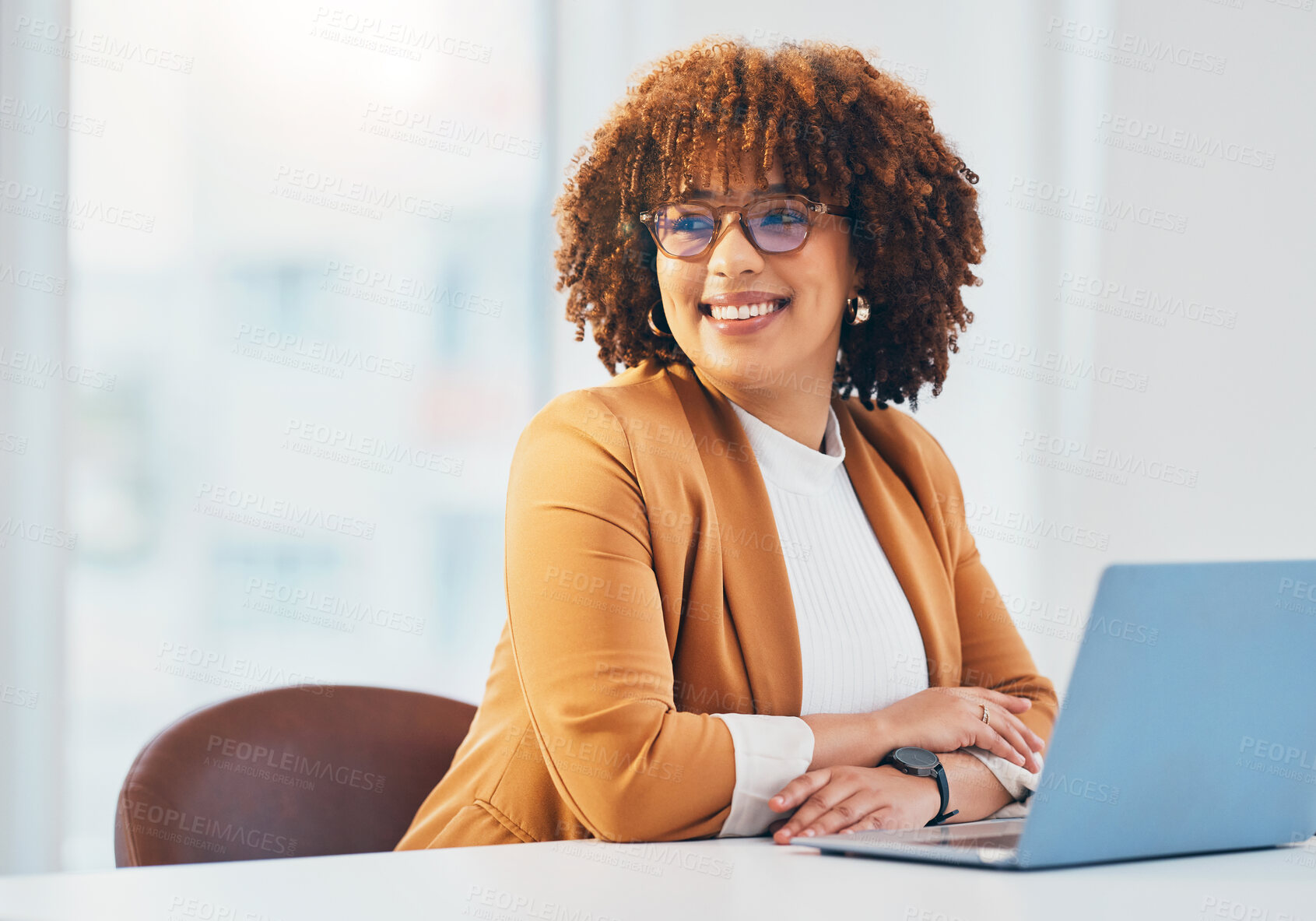 Buy stock photo Black woman at office, glasses on face with smile and thinking of future of corporate in South Africa. Happy young African person with mockup at work, confident in career and professional job