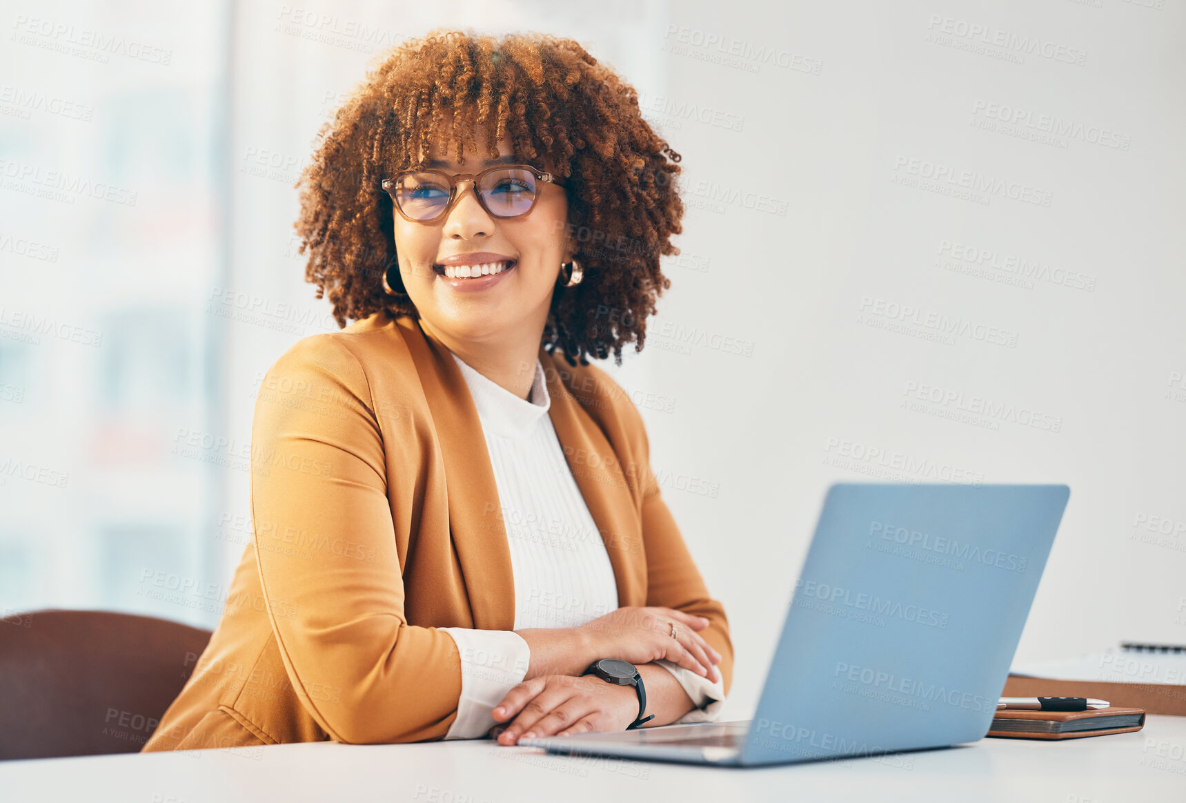 Buy stock photo Happy, laptop and smile with black woman in office for research, email and networking. Internet, technology and corporate with employee working at desk for online, information and confident 