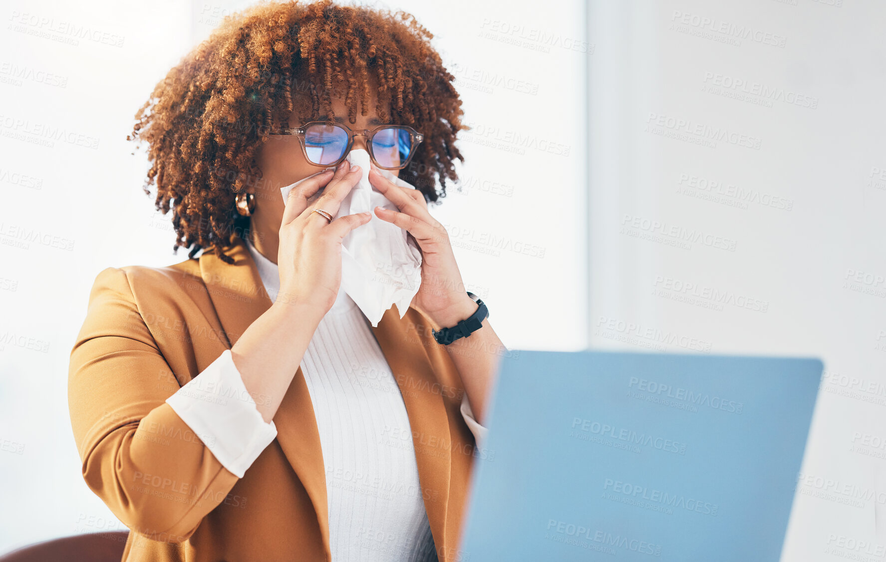 Buy stock photo Sick, tissue and black woman with laptop in office with runny nose, allergy and virus infection at desk. Business, health problem and female worker with cold, fever and flu symptoms in workplace