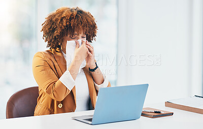 Buy stock photo Business, laptop and black woman with tissue, flu and sneeze in workplace, burnout and stress. African American female employee, consultant and agent with sickness, toilet paper and illness in office