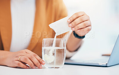 Buy stock photo Woman, medicine and effervescent in water, glass and healthcare for relief, multivitamin and symptoms. Closeup sachet of powder, supplement and medical drink for worker with energy, wellness and cure