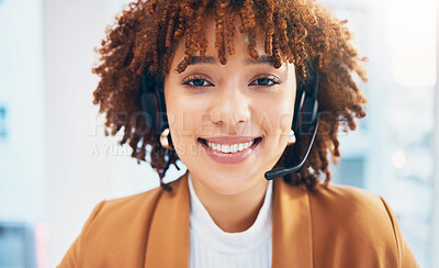 Buy stock photo Black woman, face and smile portrait in call center for customer service, sales or crm in office. Person working as consultant or agent in telemarketing, support or help desk at marketing company