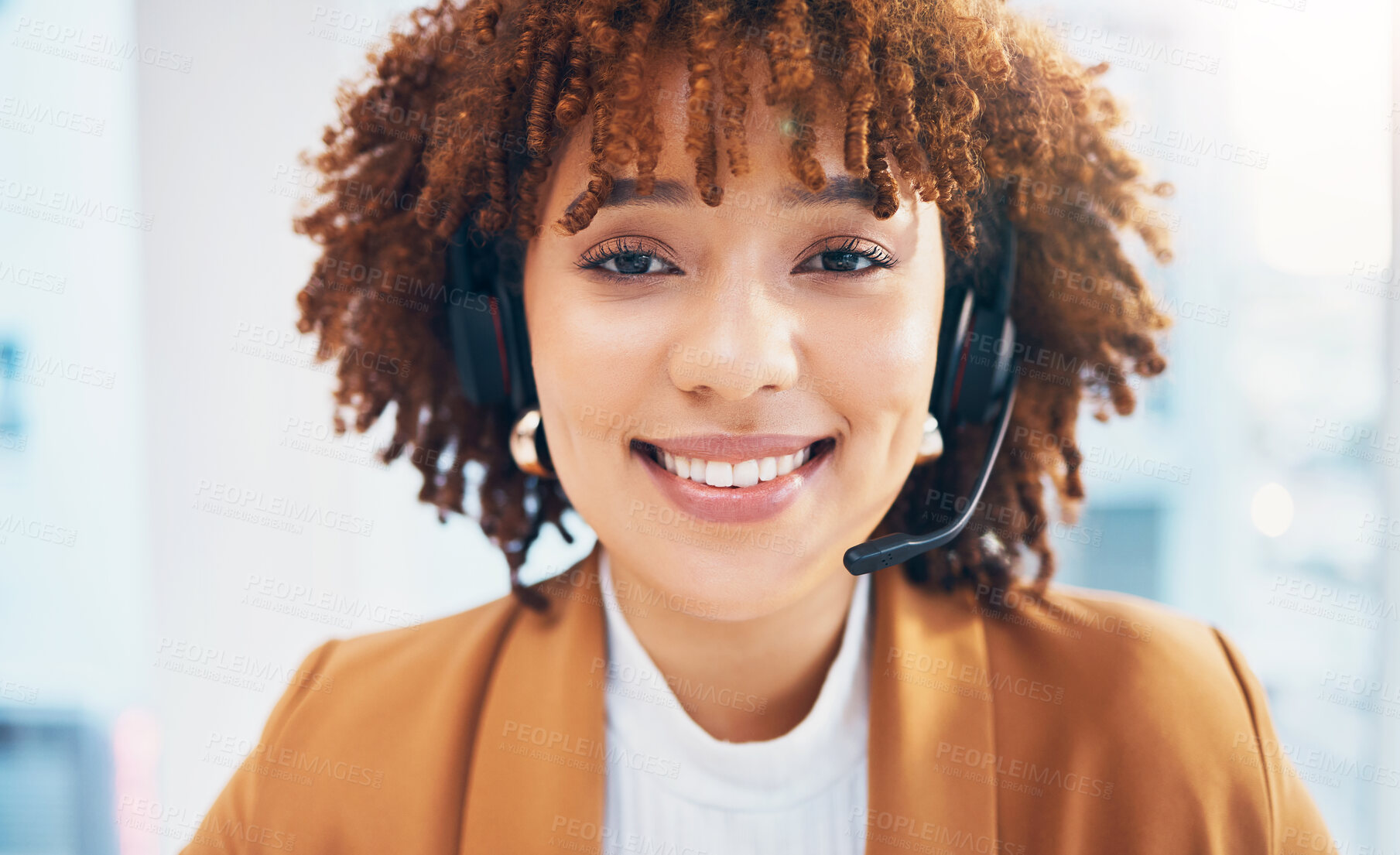 Buy stock photo Black woman, face and smile portrait in call center for customer service, sales or crm in office. Person working as consultant or agent in telemarketing, support or help desk at marketing company