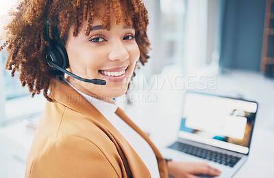 Buy stock photo Woman, call center and laptop portrait with customer service, sales or crm microphone in office. Smile of black person consultant or agent in telemarketing, contact us or help desk for data analysis