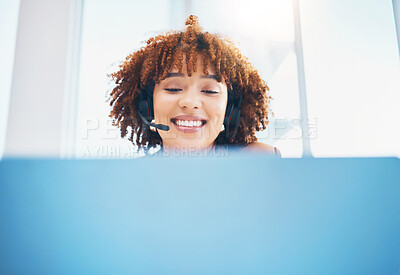 Buy stock photo Woman smile, call center and laptop for customer service, support or crm in office. Black person consultant, receptionist or agent in telemarketing, contact us or help desk for data analysis mockup