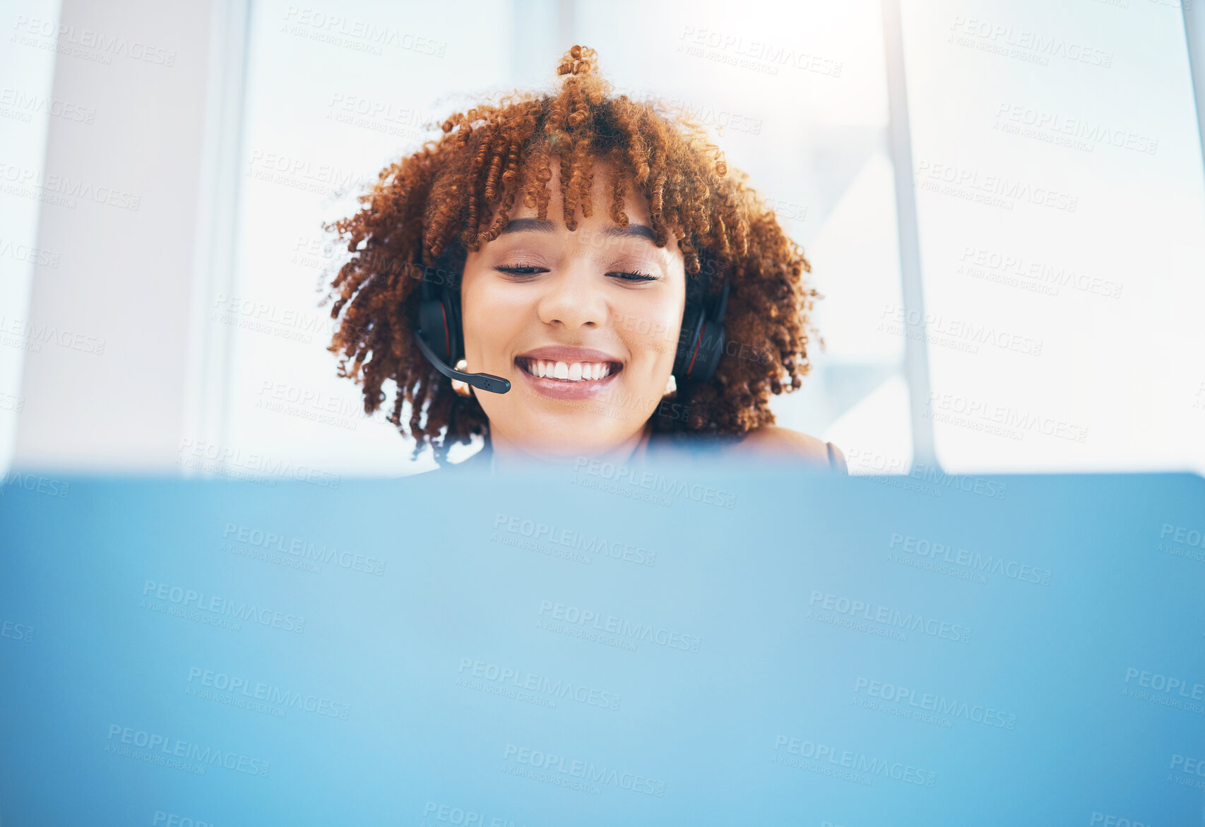 Buy stock photo Woman smile, call center and laptop for customer service, support or crm in office. Black person consultant, receptionist or agent in telemarketing, contact us or help desk for data analysis mockup