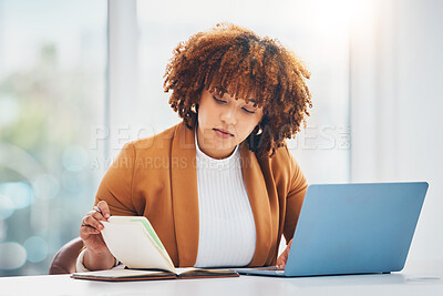 Buy stock photo Burnout, laptop and black woman with notebook, stress and deadline for advertising campaign, overworked and depression. Jamaican, female employee or manager with device, planning or anxiety in office