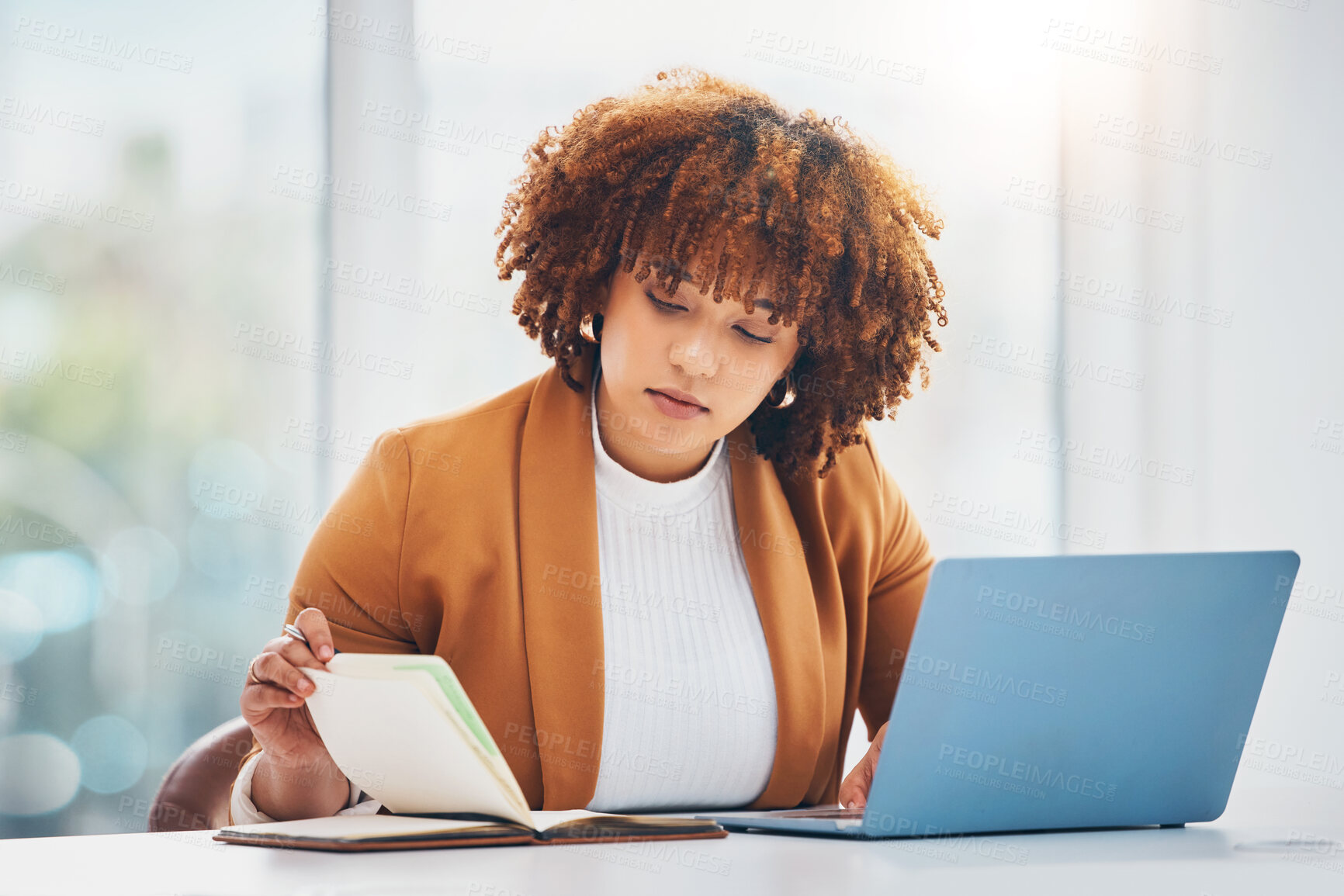 Buy stock photo Burnout, laptop and black woman with notebook, stress and deadline for advertising campaign, overworked and depression. Jamaican, female employee or manager with device, planning or anxiety in office