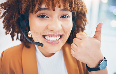 Buy stock photo Black woman, portrait and thumbs up in call center for customer service, support or crm in office. Happy person consultant, receptionist or agent smile for telemarketing or contact us hand like emoji