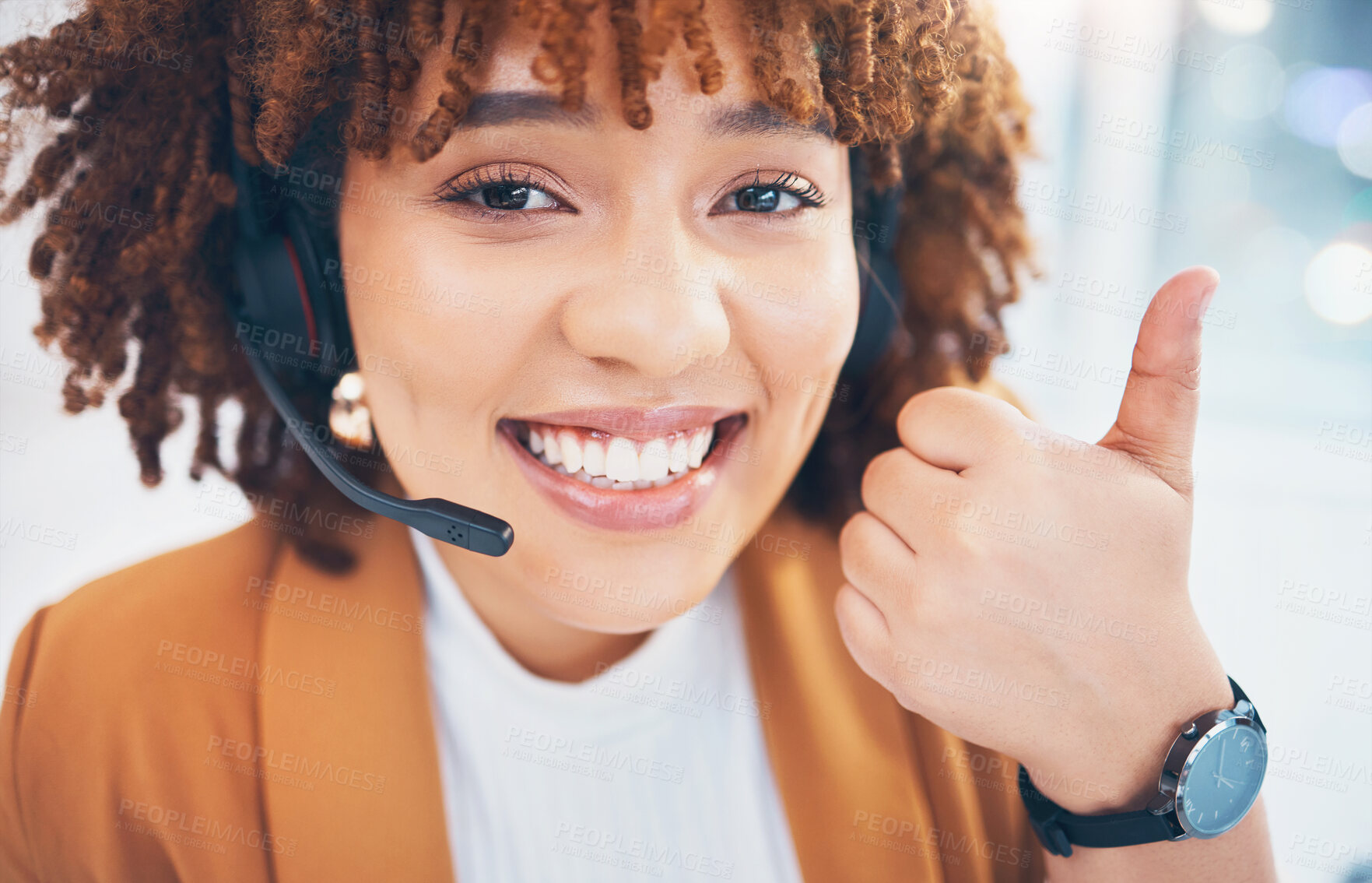 Buy stock photo Black woman, portrait and thumbs up in call center for customer service, support or crm in office. Happy person consultant, receptionist or agent smile for telemarketing or contact us hand like emoji