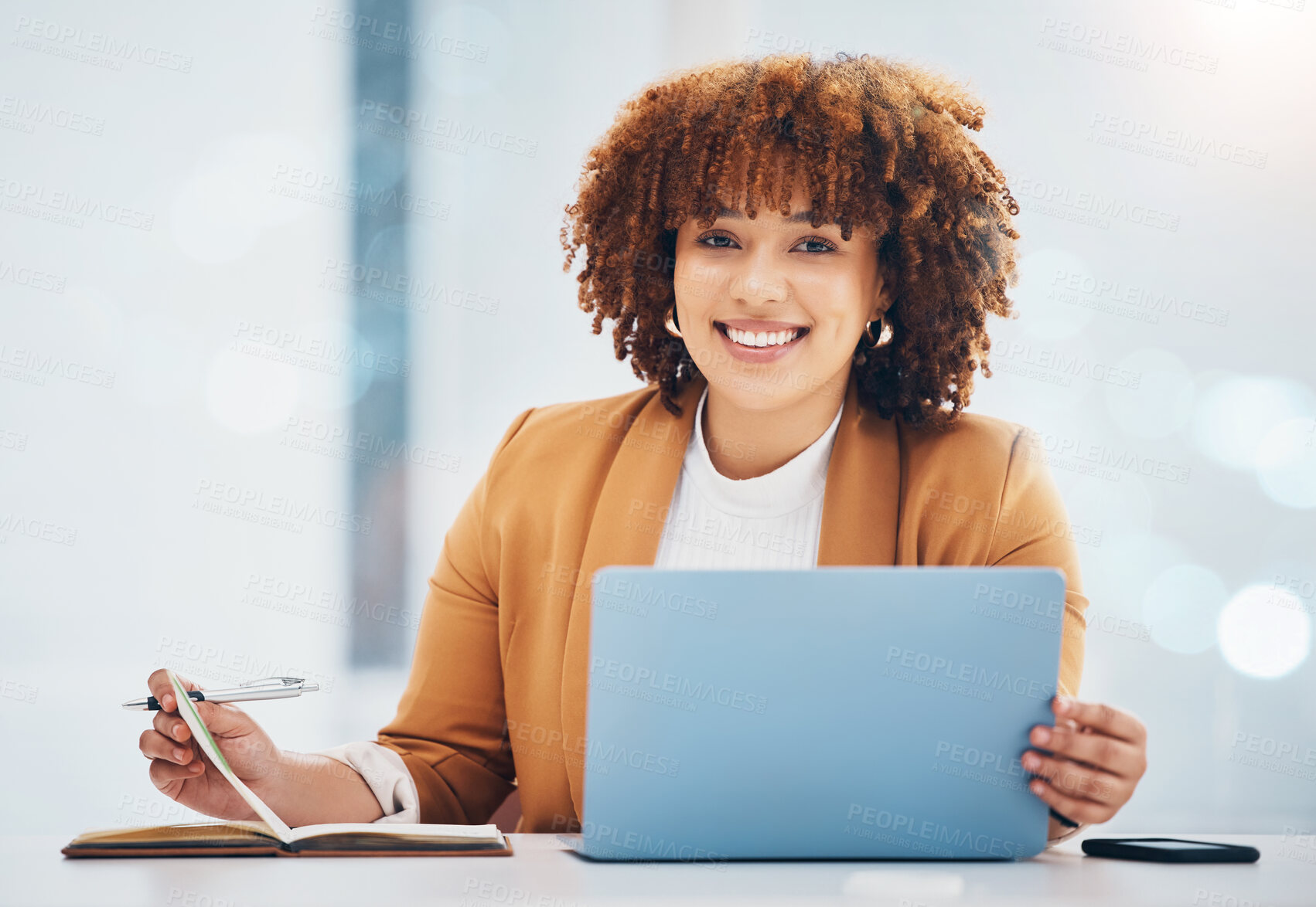 Buy stock photo Notebook, laptop and portrait of black woman in office for research, schedule and networking. Internet, technology and corporate with employee working at desk for online, confidence and information