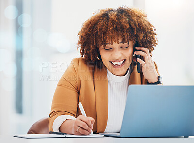 Buy stock photo Writing, phone call and notebook with black woman in office for networking, schedule and communication. Contact, planning and agenda with girl at desk for administration, technology and information