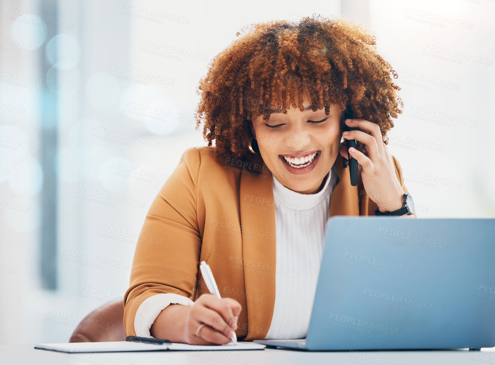 Buy stock photo Writing, phone call and notebook with black woman in office for networking, schedule and communication. Contact, planning and agenda with girl at desk for administration, technology and information