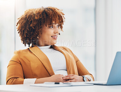 Buy stock photo Black woman working on laptop thinking of business ideas, online planning and career opportunity research. Young startup worker, employee or entrepreneur person at her desk on pc computer with smile 