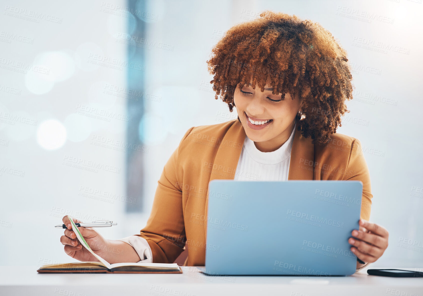 Buy stock photo Happy, laptop and notebook with black woman in office for networking, schedule and management. Internet, planning and agenda with girl at desk for administration, technology and information