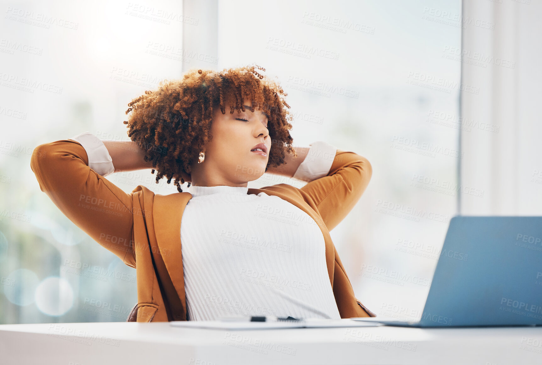 Buy stock photo Business, black woman in office and tired with deadline, sleeping and fatigue with new project. African American female employee, entrepreneur and leader exhausted, resting or overworked in workplace