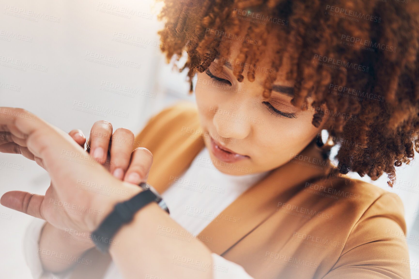 Buy stock photo Black woman, business and check watch with schedule and clock, closeup and face with appointment. Professional female, time management and calendar with scheduling, corporate employee and punctual