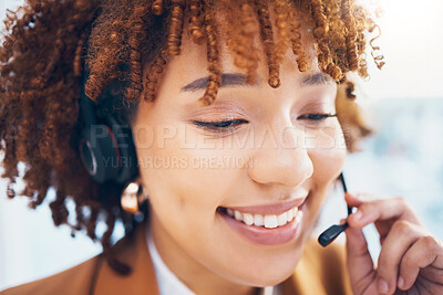 Buy stock photo Black woman, smile and working in call center for customer support, sales or crm in office. Person as consultant or agent in telemarketing, contact us or help desk with microphone for communication