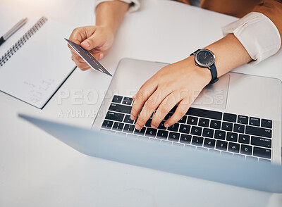 Buy stock photo Hands, laptop and typing with credit card for black woman in office, e-commerce and shopping on web. Corporate executive, computer and payment for discount, sale and fintech cybersecurity at desk