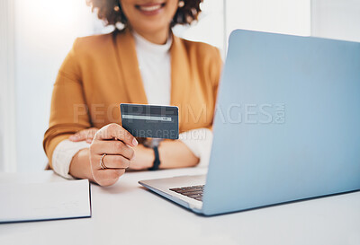 Buy stock photo Credit card, business woman and laptop for ecommerce, online shopping or payment with fintech. Entrepreneur person hands for finance, banking and digital wallet or transaction on mockup website