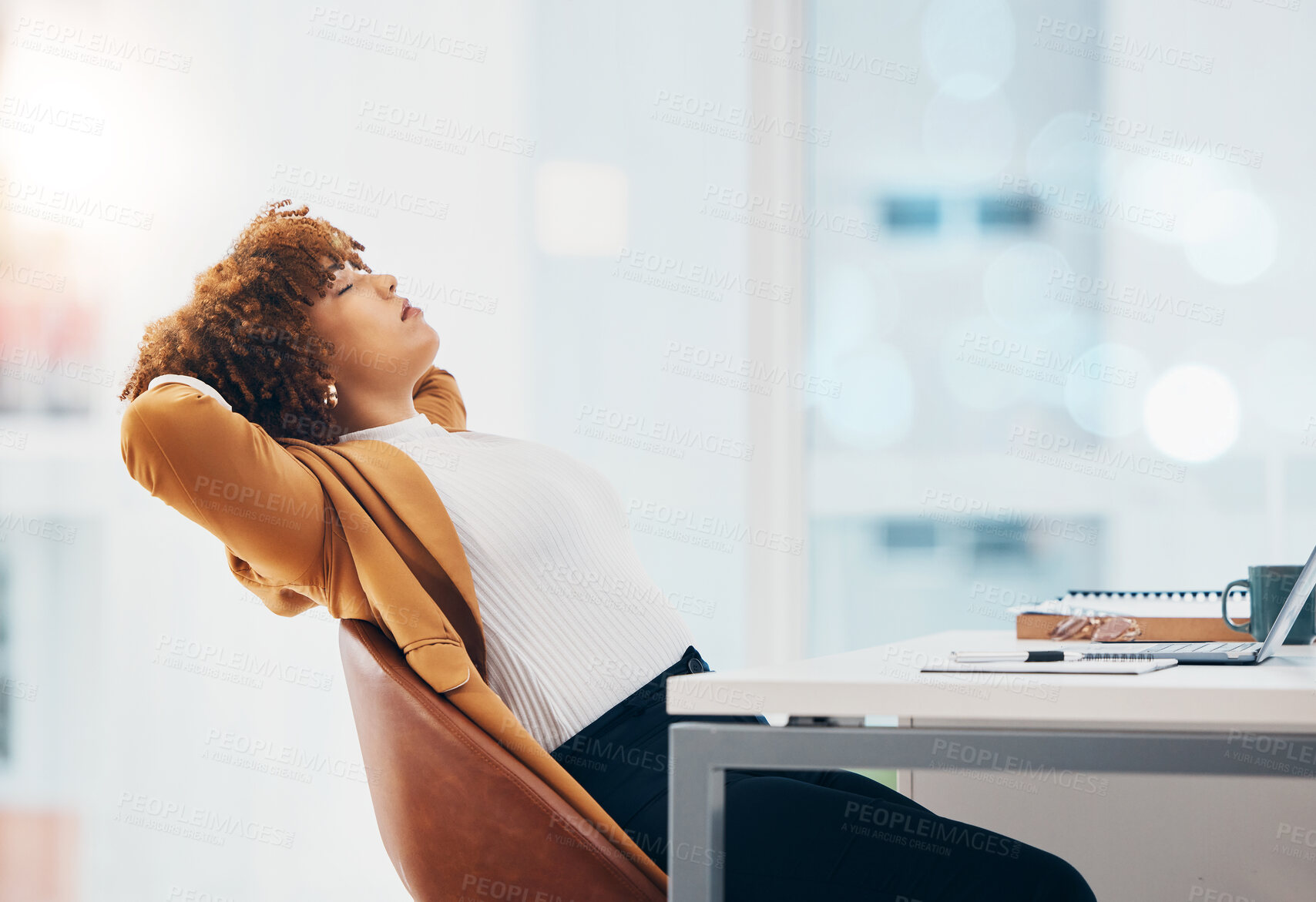 Buy stock photo Relax, business and a black woman finished with tasks in the office, resting or breathing at her desk. Success, peace and calm with a female employee relaxing after a job well done or completed